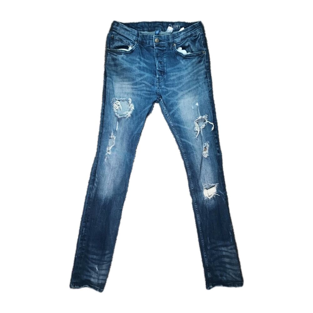 H&M Men Skinny Fit Heavily Distressed Ripped Jeans Dark Wash Blue 32x32 Denim